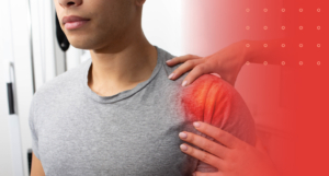 A close-up of a person’s shoulder with a red glow indicating localized pain or muscle soreness.