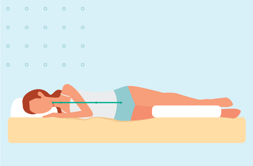 Infographic showing a person with a pillow between their knees to maintain neutral spinal alignment.