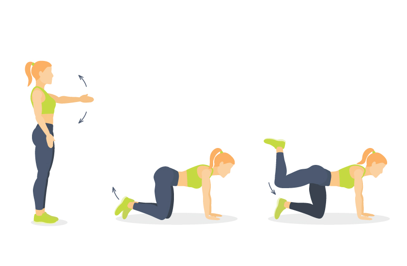 A fitness illustration showing a woman performing mobility and core exercises, including a standing arm reach and a quadruped leg lift to strengthen core muscles.