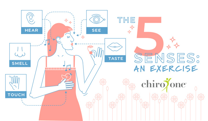 The 5 Senses: An Exercise infographic. There's an icon of a woman and surrounding here are 5 icons, one for each sense. The Chiro One logo is in the bottom right.