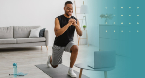 A man performing lunges at home for natural sciatica pain relief.