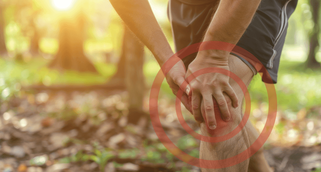 A man reaching down to hold his knee in pain. The knee is reddened with a bullseye target around it. The background is a blurred nature scene with trees, leaves and grass.