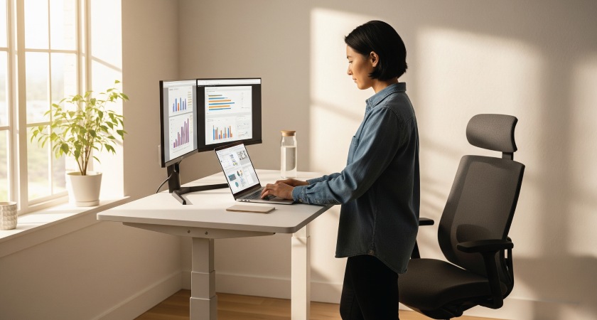 Woman standing at desk typing on a laptop computer