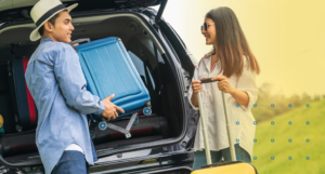 A couple loading suitcases into a car trunk before a road trip to avoid back strain.